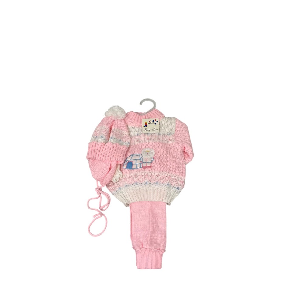Vintage Baby Togs Pink Knit Sweater Pants Hat Set Pastel Winter 12 Months NWT
